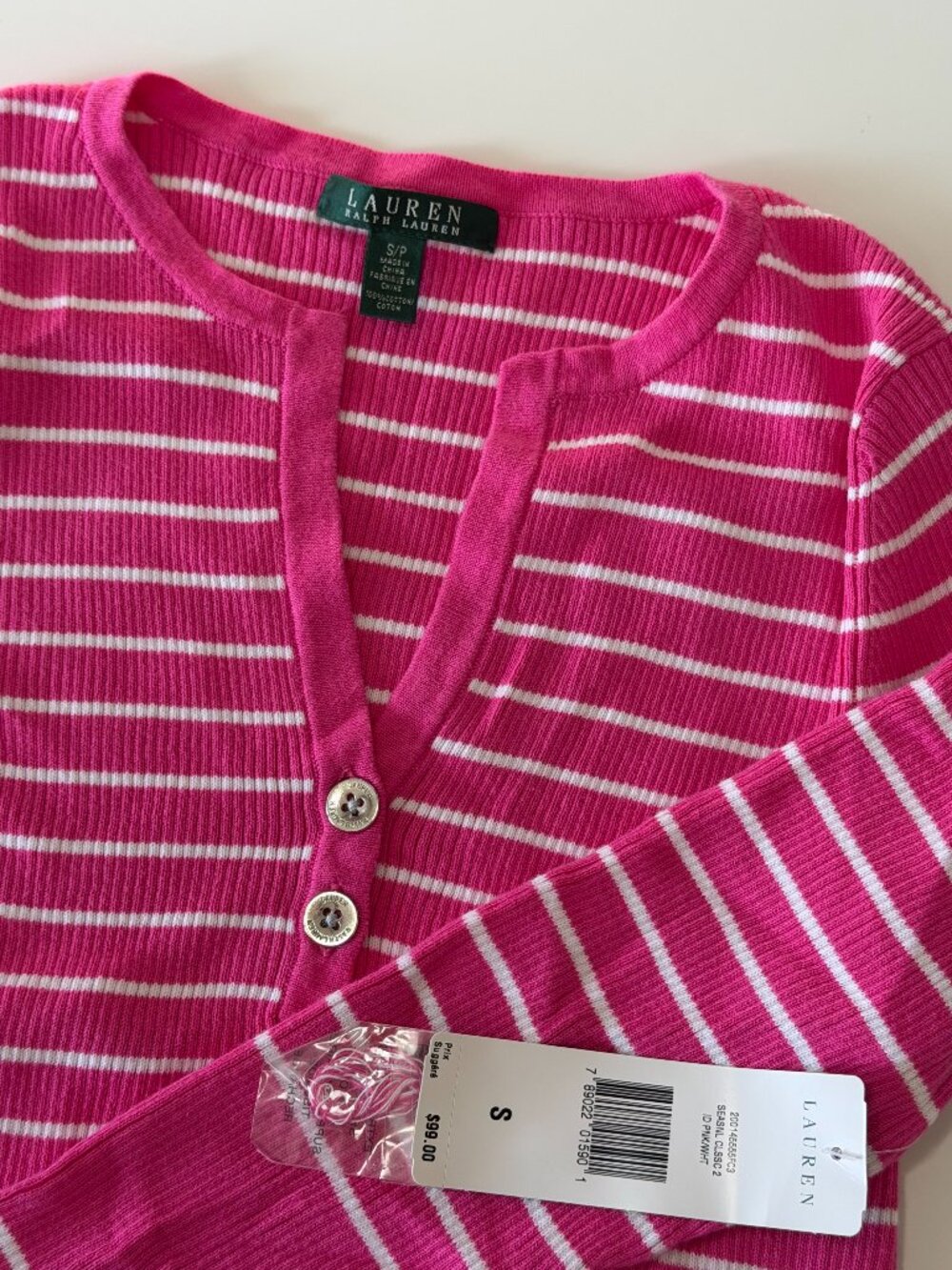 NWT- Lauren Ralph Lauren Pink/White Henley Ribbed Sweater